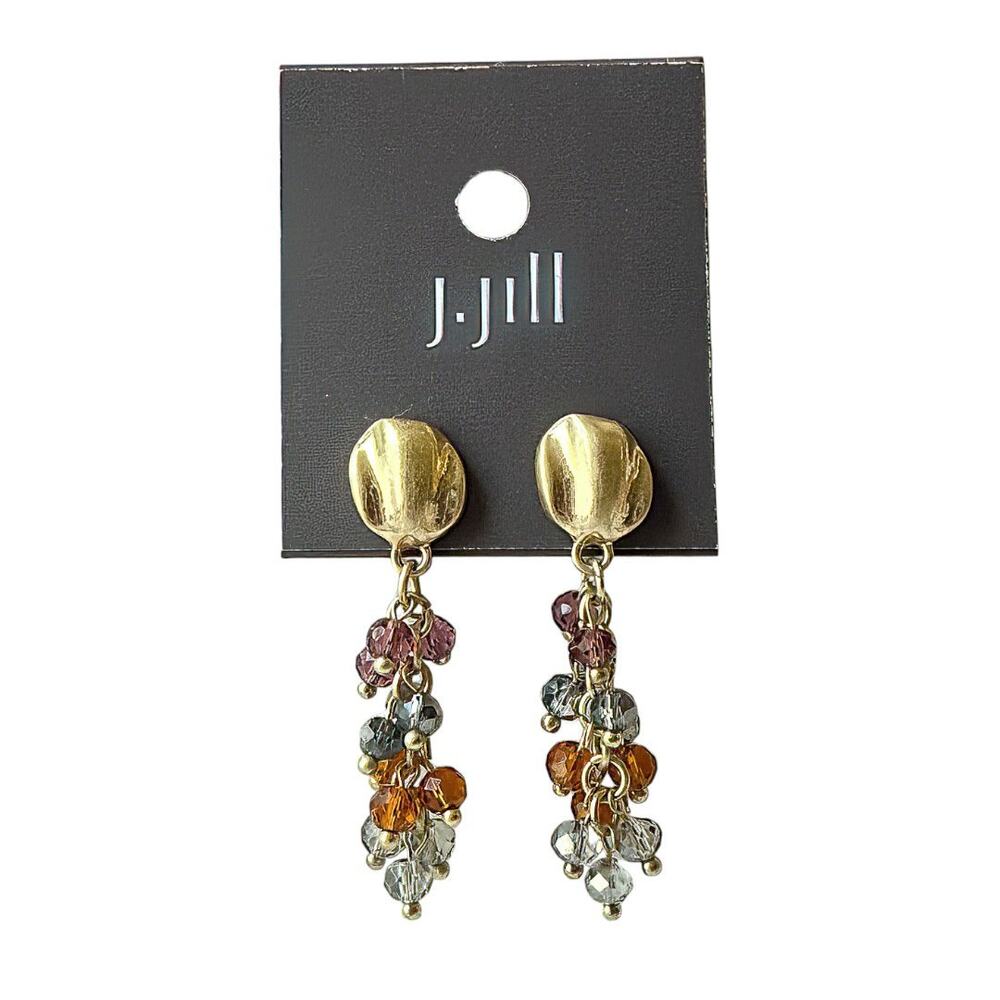 J.Jill Gold-Tone Dangle Earrings with Multicolor Crystal Cluster New on Card